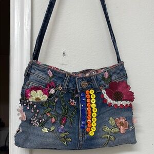 Floral Embroidered Denim Shoulder Bag